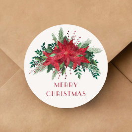 Festive Floral Red Poinsettia Merry Kerstry Ronde Sticker