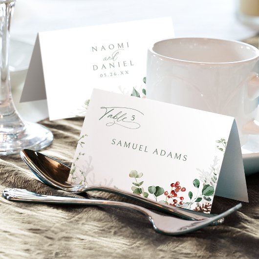 Festive Floral Winter Wedding Foldable Place Card Kaart