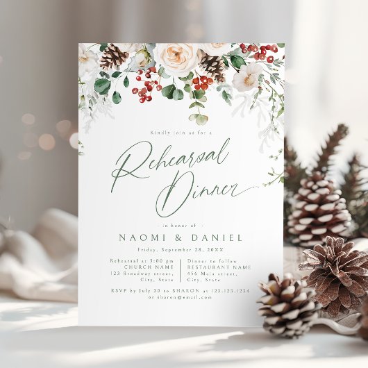 Festive Floral Winter Wedding Rehearsal Dinner Kaart