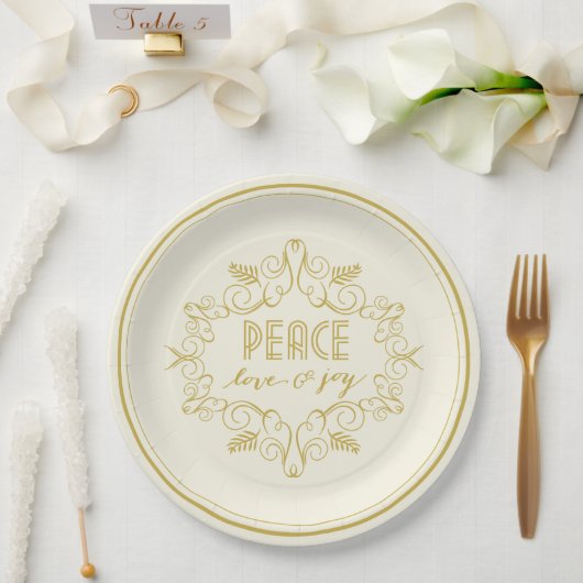 Festive Foliage Deco Peace Love Joy Holiday Party Papieren Bordje (Huwelijk)