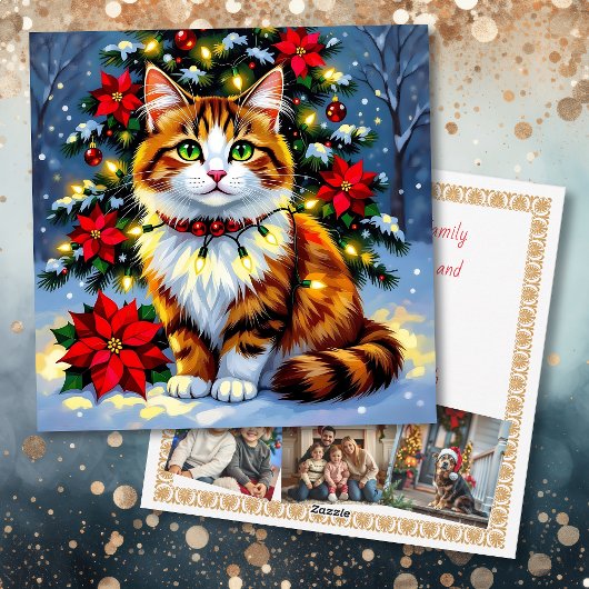 Festive Folk Art Cat with Family Photos Custom Feestdagenkaart