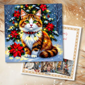 Festive Folk Art Cat with Family Photos Custom Feestdagenkaart