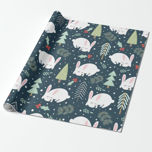 Festive Forest Friends | Kerstkonijn en bomen Cadeaupapier (Uitgerold)