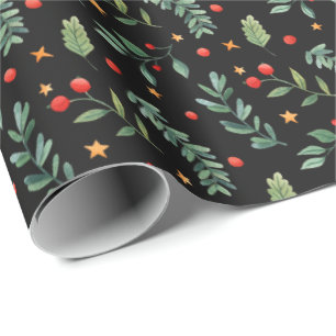 Festive Forest   Zwart   Vakantie Cadeaupapier