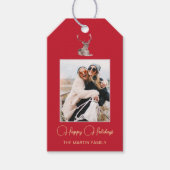 Festive Foto met Winter Deer Kerstrood Cadeaulabel (Voorkant)