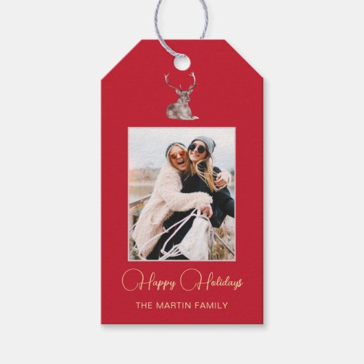 Festive Foto met Winter Deer Kerstrood Cadeaulabel (Voorkant)