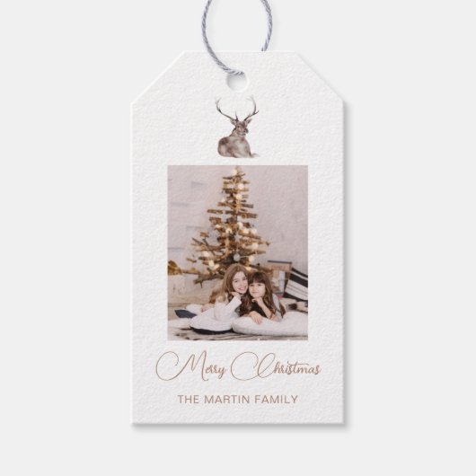 Festive Foto met Winter Deer KerstWhite Cadeaulabel (Voorkant)