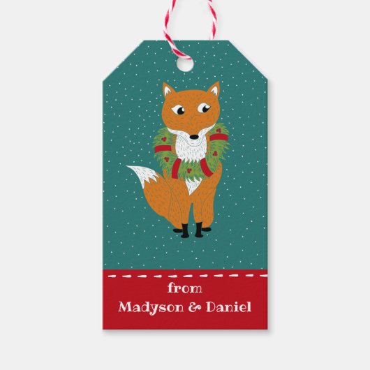 Festive Fox Wearing Kerstmis Wreath Personalized Cadeaulabel (Voorkant)