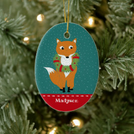 Festive Fox Wearing Kerstmis Wreath Personalized Keramisch Ornament