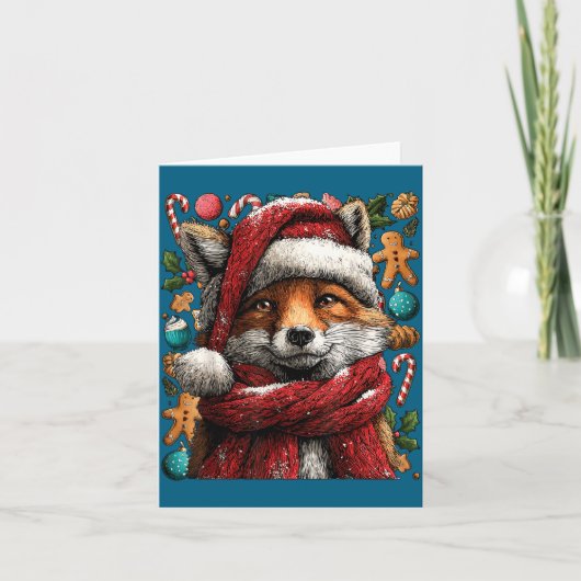 Festive Fox With Snow Santa Hat Winter Christmas A Kaart (Voorkant)