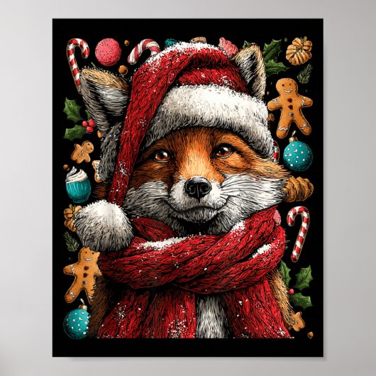 Festive Fox With Snow Santa Hat Winter Christmas A Poster (Voorkant)