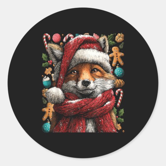 Festive Fox With Snow Santa Hat Winter Christmas A Ronde Sticker (Voorkant)
