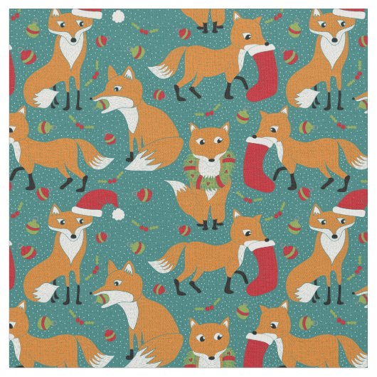 Festive Foxes Pattern Kerstmis Stof (Close Up)