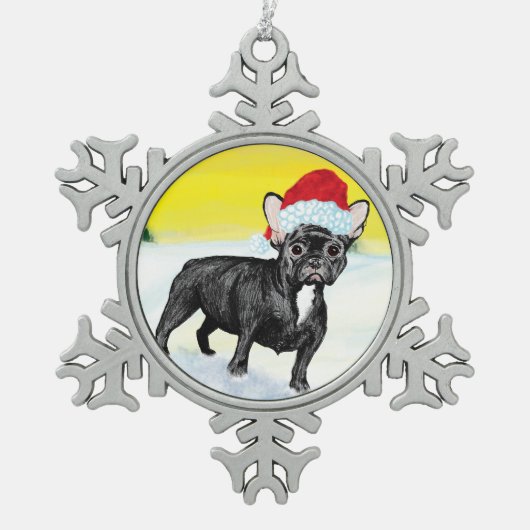 festive french bull dog tin sneeuwvlok ornament (Voorkant)