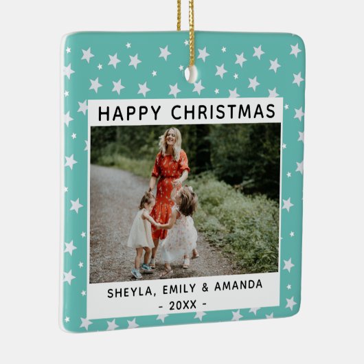 Festive Fun Turquoise Star Pattern Foto Keramisch Ornament (Rechts)