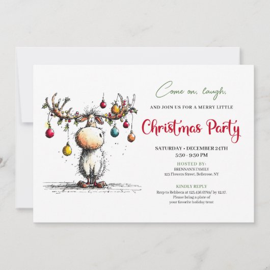 Festive funny reindeer Christmas party invite Kaart (Voorkant)