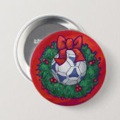 Festive Futbal in Wreath op Red Ronde Button 7,6 Cm (Voorkant /achterkant)