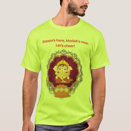 Festive Ganpati Modak Cheer T-Shirt – Bappa's Here (Voorkant)