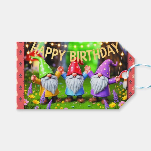 Festive Garden Gnomes Birthday Celebration Cadeaulabel (Voorkant (Horizontaal))