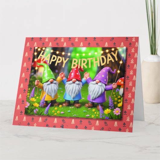 Festive Garden Gnomes Birthday Celebration Kaart (Voorkant)