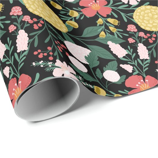 Festive Garden Pattern Black Cadeaupapier (Rol Hoek)