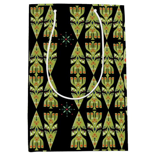 Festive Gift Wrap Green Black Pattern Medium Cadeauzakje (Voorkant)