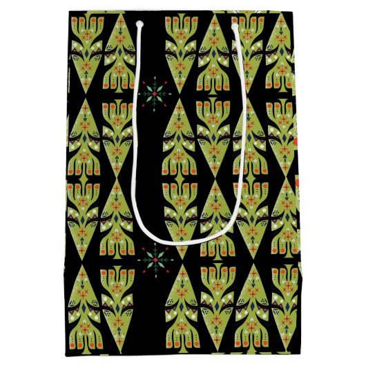 Festive Gift Wrap Green Black Pattern Medium Cadeauzakje (Achterkant)