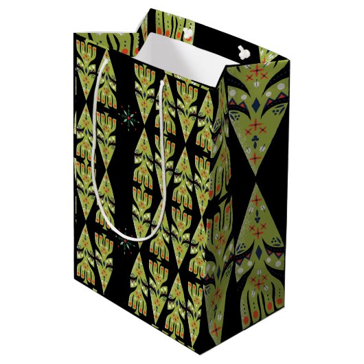 Festive Gift Wrap Green Black Pattern Medium Cadeauzakje (Achterkant Gekanteld)