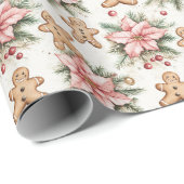 Festive Gingerbread Men with Pink Poinsettias Cadeaupapier (Rol Hoek)