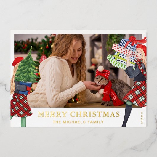 Festive Girl-kerstillustratie foto foto Folie Feestdagenkaart (Voorkant)