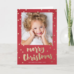 Festive Gold Confetti Dot Red Photo met kerstmis Feestdagen Kaart