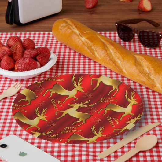 Festive Gold en Red Reindeer Kerstmis Papieren Bordje (Picknick)