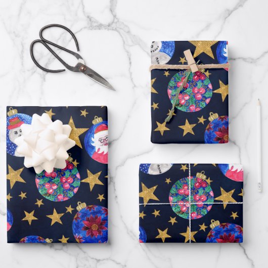 Festive Gold Glitter Stars Ornaments Waterverf Inpakpapier Vel (Voorkant)