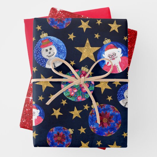 Festive Gold Glitter Stars Ornaments Waterverf Inpakpapier Vel (In situ)