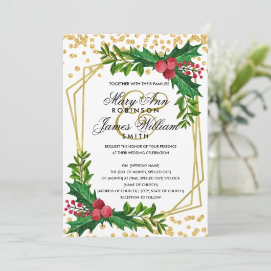 Festive Gold Holiday kerstbruiloft Holly White Kaart (Staand voorkant)