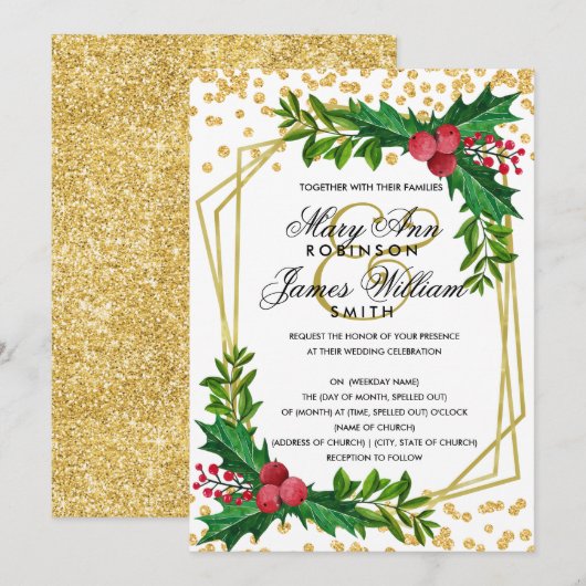 Festive Gold Holiday kerstbruiloft Holly White Kaart (Voorkant / Achterkant)