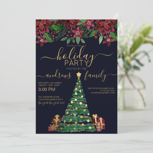 Festive Gold Holiday Tree Gifts Floral Holiday Kaart (Staand voorkant)
