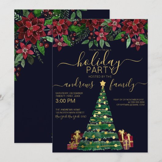 Festive Gold Holiday Tree Gifts Floral Holiday Kaart (Voorkant / Achterkant)