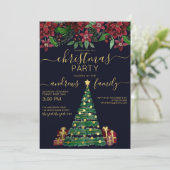 Festive Gold Holiday Tree Gifts Floral Kerstmis Kaart (Staand voorkant)