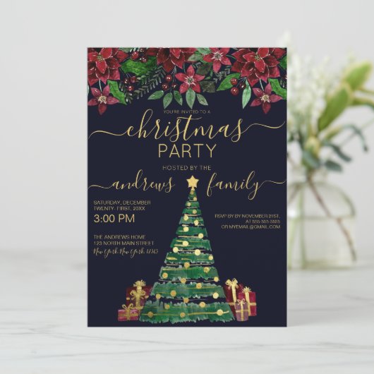 Festive Gold Holiday Tree Gifts Floral Kerstmis Kaart (Staand voorkant)