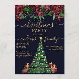 Festive Gold Holiday Tree Gifts Floral Kerstmis Kaart