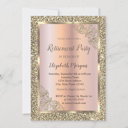 Festive Gold Lijst, Roos Gold, Glitter Retirement Kaart (Voorkant)