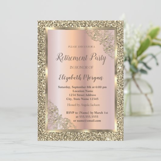 Festive Gold Lijst, Roos Gold, Glitter Retirement Kaart (Staand voorkant)