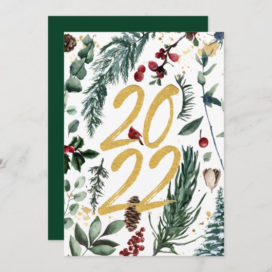 Festive Gold Pine Bough Magnolia Kerstmis 2022 Feestdagenkaart (Voorkant / Achterkant)