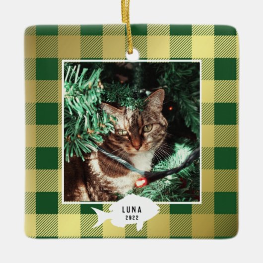 Festive Gold Pset Cat Name Kerstmis Keramisch Ornament (Voorkant)