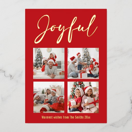 Festive Gold Script JOYFUL Modern Red Photo Folie Feestdagenkaart (Voorkant)