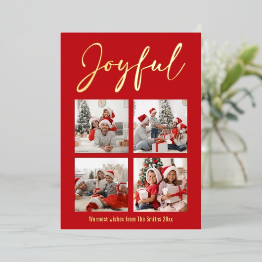Festive Gold Script JOYFUL Modern Red Photo Folie Feestdagenkaart (Staand Voorkant)