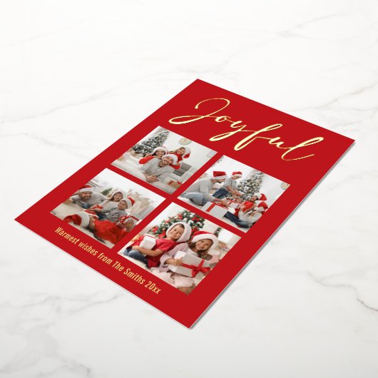 Festive Gold Script JOYFUL Modern Red Photo Folie Feestdagenkaart (Gedraaid)