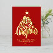 Festive Gold Script Merry Kerstmis Rood Folie Feestdagenkaart (Staand Voorkant)