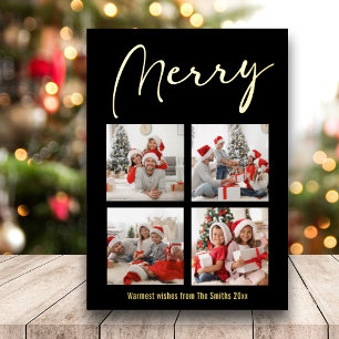 Festive Gold Script MERRY Modern Black Photo Folie Feestdagenkaart